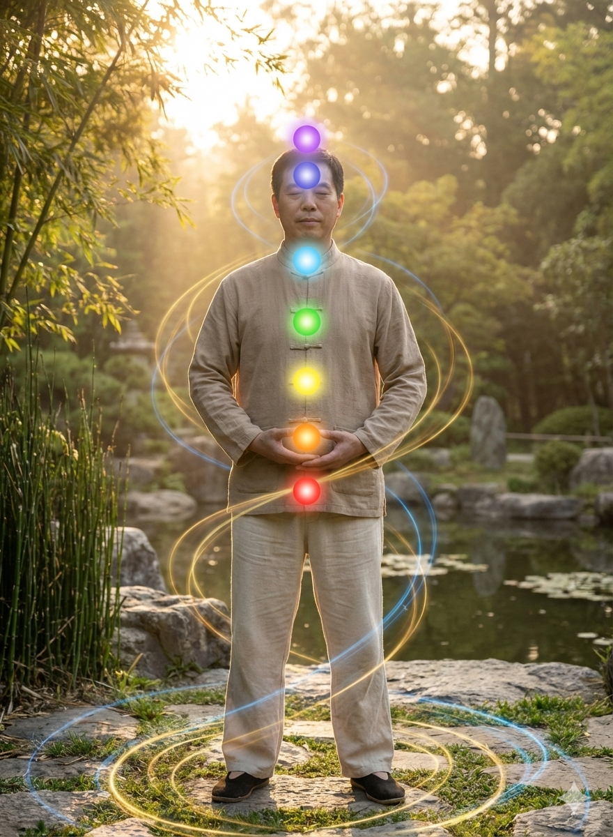 Silhueta de uma pessoa meditando com esferas de luz (chakras) alinhadas ao corpo.